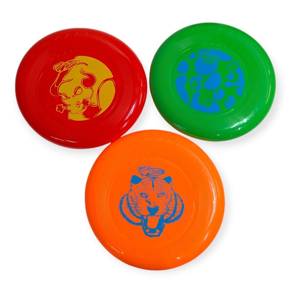 Wham-O Frisbee 3 Pack Flying Discs Red Orange Green‎ Bull Tiger Graphics 9 Inch
